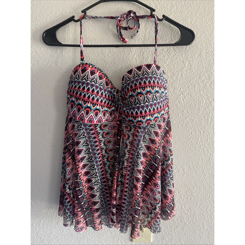 Kona Sol Womens Medium Strapless Tribal Print Flyaway Tankini Swim Top